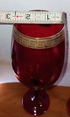 Set of 2 Ruby Red Wine Glasses Gold Greek Key Rim Made in Italy 10.5”