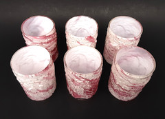 SET 6 Antique NORTHWOOD Glass «LEAF MOLD» Cased Cranberry Mica Tumblers EAPG