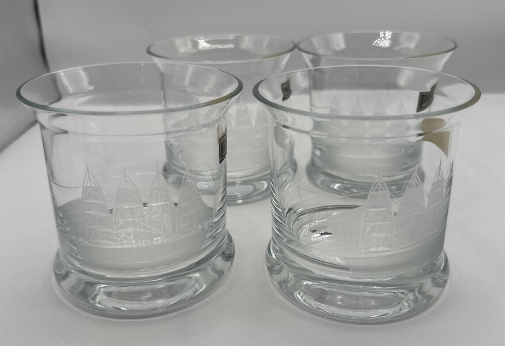 Vintage Toscany 4 Hand Blown Etched Crystal Old Fashioned Clipper Ship Glasses