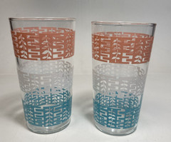 Vintage 2 Anchor Hocking Peakaboo Leaf Pink Blue and White Glass Tumbler 5″H