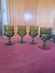 Indiana Glass King’s Crown Thumbprint Avocado Green Goblets VTG MCM. Set of 4