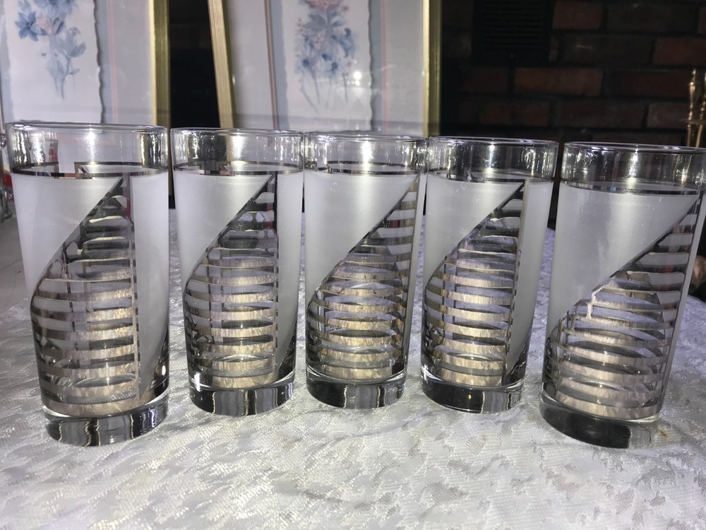 Set of 5 CULVER SIlver SHIP’S SAIL Frosted CLOUDS Striped 16oz Highball TUMBLER