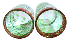 2~BLOWN GLASS~Green~SPOTTED~Wide Border~4.25″x3.25″~ROCK GLASS~6″x3.25″~TUMBLER