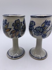 Set of 2 Vtg Ceramic 8 Oz Wine Goblets Handmade Signed Rustic Floral Design