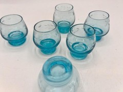 set of 6 blue tinted cordial glasses with etched wheat pattern