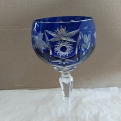 Pair NACHTMANN Traube Cut to Clear Crystal Cobalt Blue Hock Wine Glasses 8-1/4″