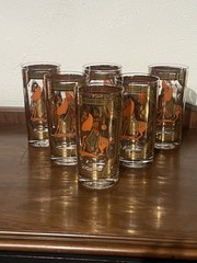 VTG Fred Press Orange Trojan Horse Highball Drink Glass Set 6 MCM