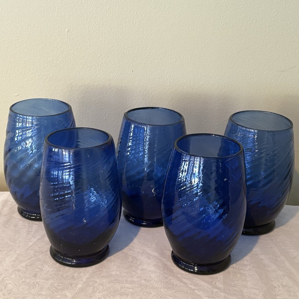 Vtg Handblown Empoli Art Glass Tumbler Cobalt Blue Optic Swirl Heavy 5.5″ T