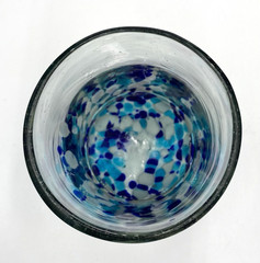 2 Handblown Glass Confetti Tumblers, Blue/Aqua/White/Brass Frit, Heavy, Mexico