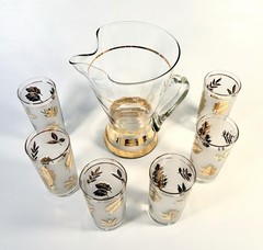 Vintage MCM Glass Pitcher with Gold Stripes & 6 Frosted Glasses With Gold Leaves