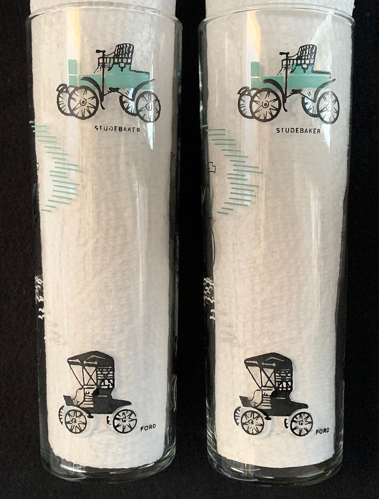 2 Vintage 1950’s Antique Cars Aqua, Black & White Tom Collins Glasses, 16 oz