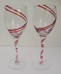 Pier 1 Red Candy Cane Swirl Swirline Wine Glass Glasses 9″ Tall, Pair. Two