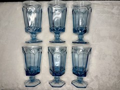 6 Vintage Fostoria Virginia Blue Glass Water Tea Goblets Hexagon Base Glasses