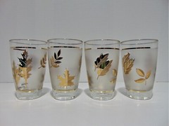4 Libbey Golden Foliage Stem 3003 Frosted Gold Leaf Tumblers (P) 1953-1978