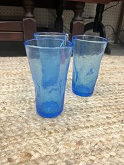 Set Of 3 Vintage Hand Blown Blue Crackle Glass Tumblers With Dimples BLENKO?