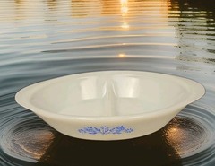 GLASBAKE Divided Casserole Dish White 1 Blue Corn Flowers 12″L x 8.5″W x 2″H