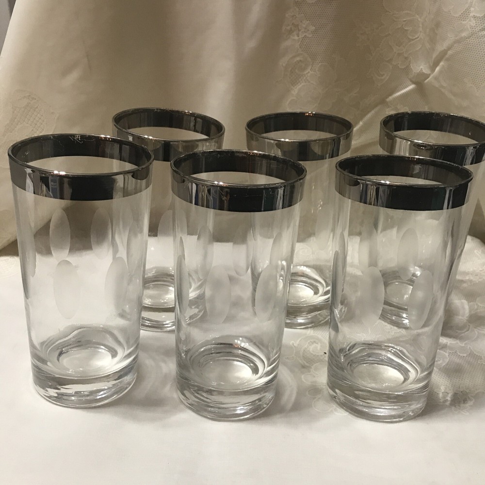 6 VINTAGE MID CENTURY MODERN SILVER RIM HIGHBALL GLASSES ETCHED UNUSUAL THORPE?