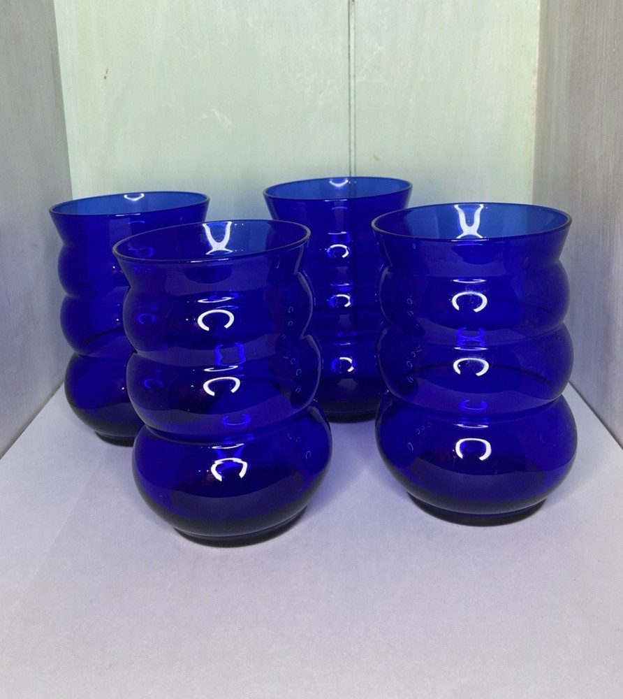 Vintage Cobalt Blue Glass Tumblers Set 4 MCM Art Deco Bubble Barware Retro