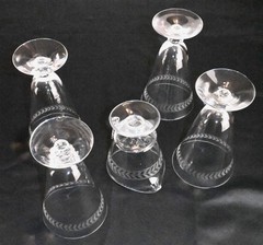 Anchor Hocking, Fostoria Laurel pattern crystal glasses 4@6″ + 1 crystal pitcher