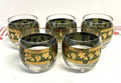 Vintage MCM Cera roly poly whiskey tumbler Golden Grapes Green pattern set of 5