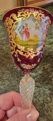 3 MURANO CRANBERRY HAND PAINTED BLOWN GLASS VENETIAN 24k GOLD LEAF STEM GOBLETS