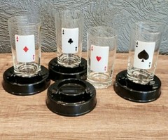 VTG Set 4 Playing Cards Glasses On Coaster/Ashtray Base NEW IN BOX