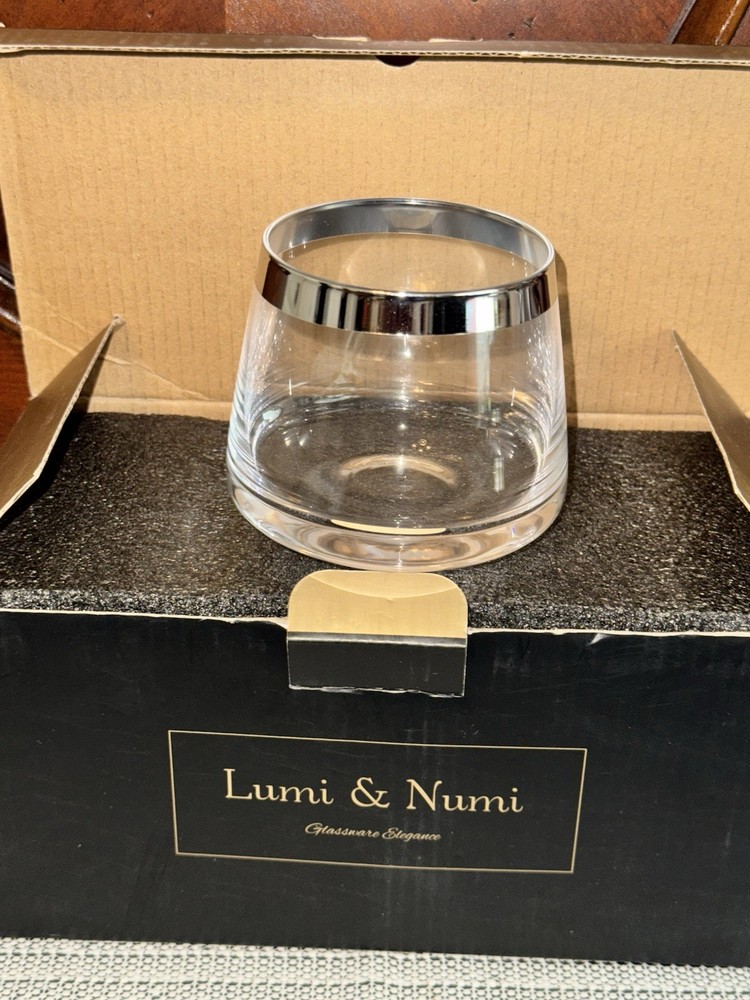Lumi & Numi Set of 2 Stemless Hand Blown Crystal Wine Glasses with Silver Trim