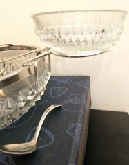 Vtg Chip Dip Dish Set Fancy Hobnail Crystal Glass Pattern 2Pc 3 Utensils England