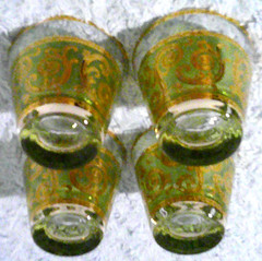 Culver Signed Vintage Toledo Green Gold Scroll DOF Lowball Bar Glasses Set/4 EUC