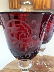 Vintage Large Red & Clear Glass Goblets, Etched White Filigree, set of 3, EUC