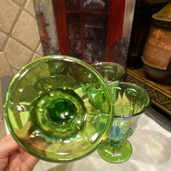 Vintage Set 4 Indiana Carnival Iridescent Lime Green Goblets~Harvest Grape~