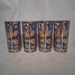 Culver Blue Gold Floral Leaf Highball Glasses 4 – 22 Karat 5 1/2″ Tall