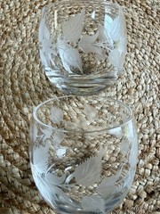Set Of 5 Lowball Roly Poly Glasses Frosted Etched Floral Leaf Design MCM