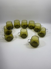 Set 10 Kumela Riihimaki Finland Olive Green Art Glass Mugs Sirkku Kumela MCM