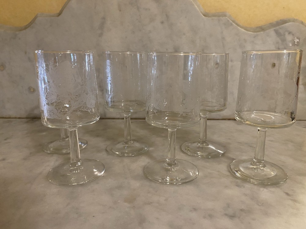 Vintage Set Of 6 Rose Etched Pattern Glass Wine Cocktail Glass