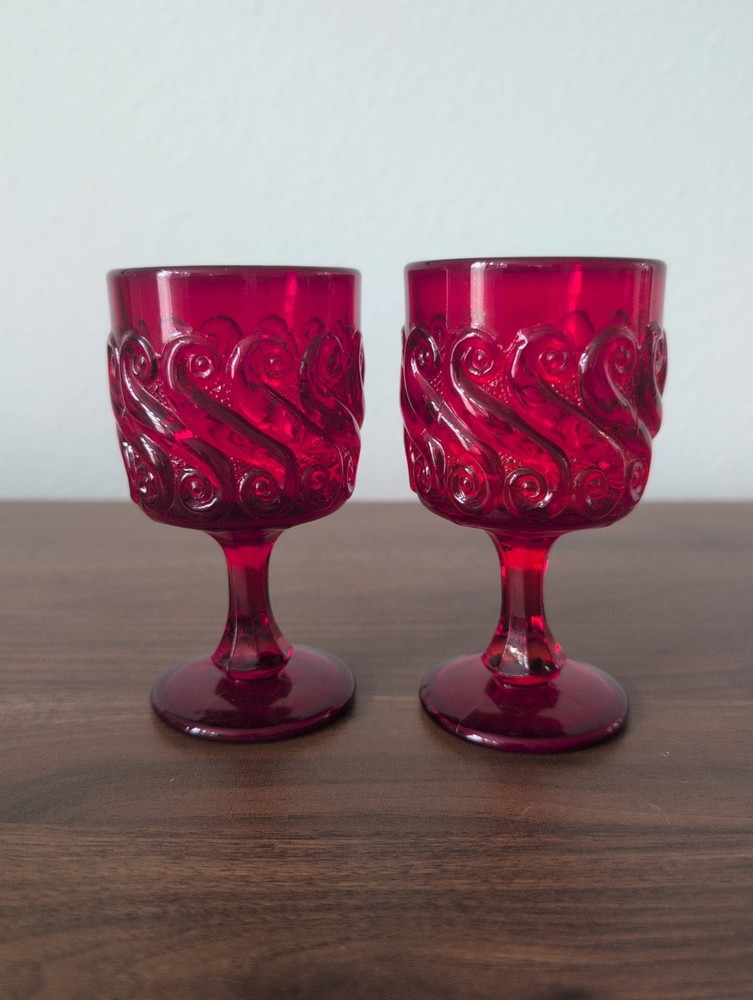 Set of 2 Vintage LG Wright/National Pressed Glass Repeat Wave Red Goblets 4.5″