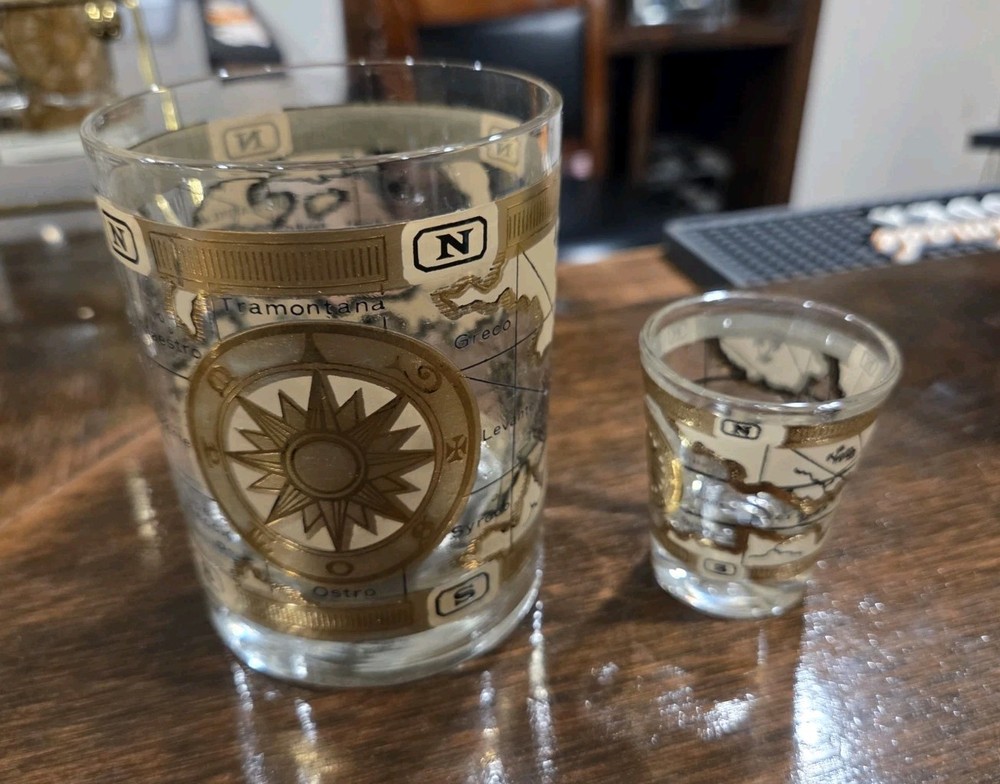MCM Cera 12Pc WORLD MAP Double Old Fashioned Cocktail & Shot Glasses W/Caddy