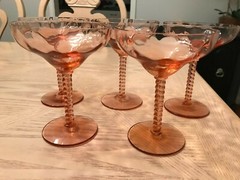 5 Central Glass Works 1426 Pink Twisted Stem Diamond Optic Champagne/Sherbet 