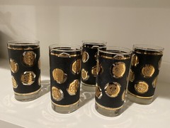 5 Libbey Black w/Gold Coins & Bands Highball Tumblers Bar Glasses 22K Gold MCM