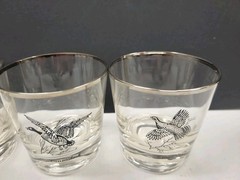 Vintage MCM Sportsman Series Low Ball Glasses Game Bird With Silver Rims