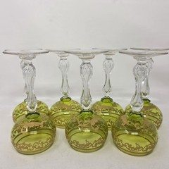VINTAGE St Louis Crystal Wine Hock Peridot Green Gold Trim Clear Stems Set of 7