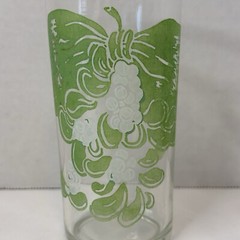 Vintage Drinking Glass, Green White Bow w/ Holly Floral Tumbler 5 3/8″ Tall