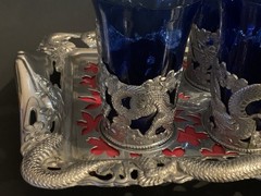 5 Vintage Cobalt Blue Cordial glasses w Tray Art Deco Silver Color Tray 4”