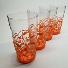 4 VTG 14 Oz Clear Drinking Glass Tumblers Orange Floral Pastel Holders Hong Kong