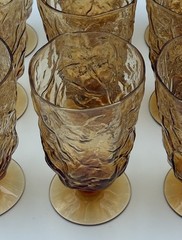 9 Vintage Seneca Driftwood Amber Water Goblets Crinkle Glass MCM Footed SET OF 9