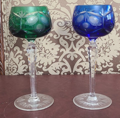 Set of 2 Bohemian Czech Crystal Grapevine Cut to Clear Wine Glasses 7 7/8 Inch