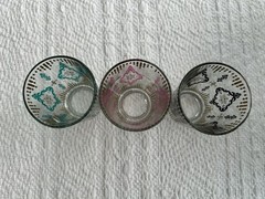 3 Vintage MCM Teal, Pink, Black Gold 6oz Embossed Juice Glass 4 Inch Moroccan