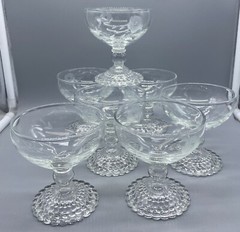 7 Boopie Clear Floral Etched Champagne Glass Berwick Bubble Foot Anchor Hocking