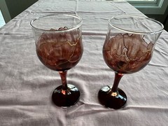 2 Crystal Claret Wine Glasses Unmarked Probable Romanian Gold Drizzle Unusual