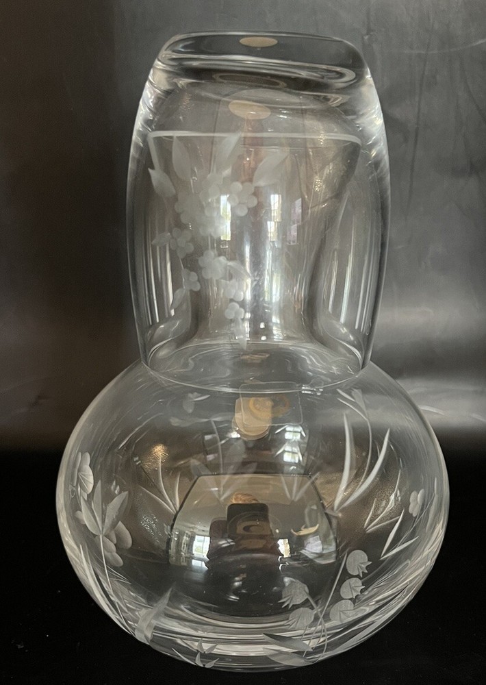 Vintage Etched Glass Tumble Up Clear Bedside Water Carafe Cup Tumbler Floral SET